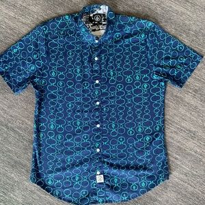 Volcom Classic Fit Navy Blue Teal Graphic Print Pattern S/S Button Up (S) Shirt